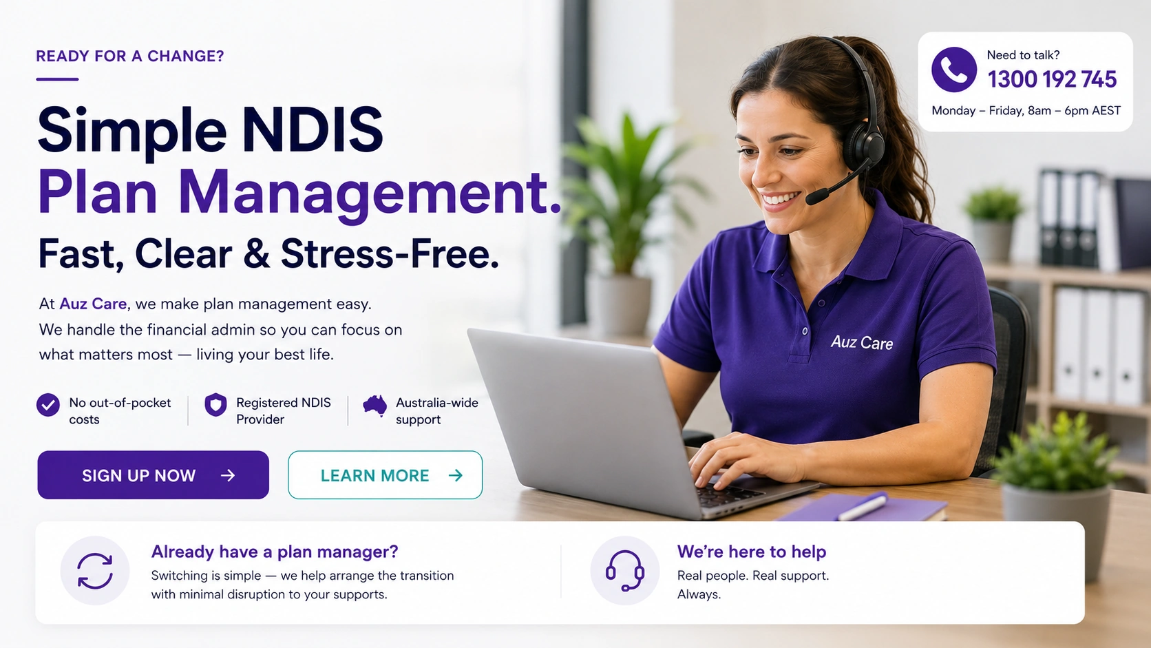 Friendly AUZ Care support professional helping with simple NDIS plan management